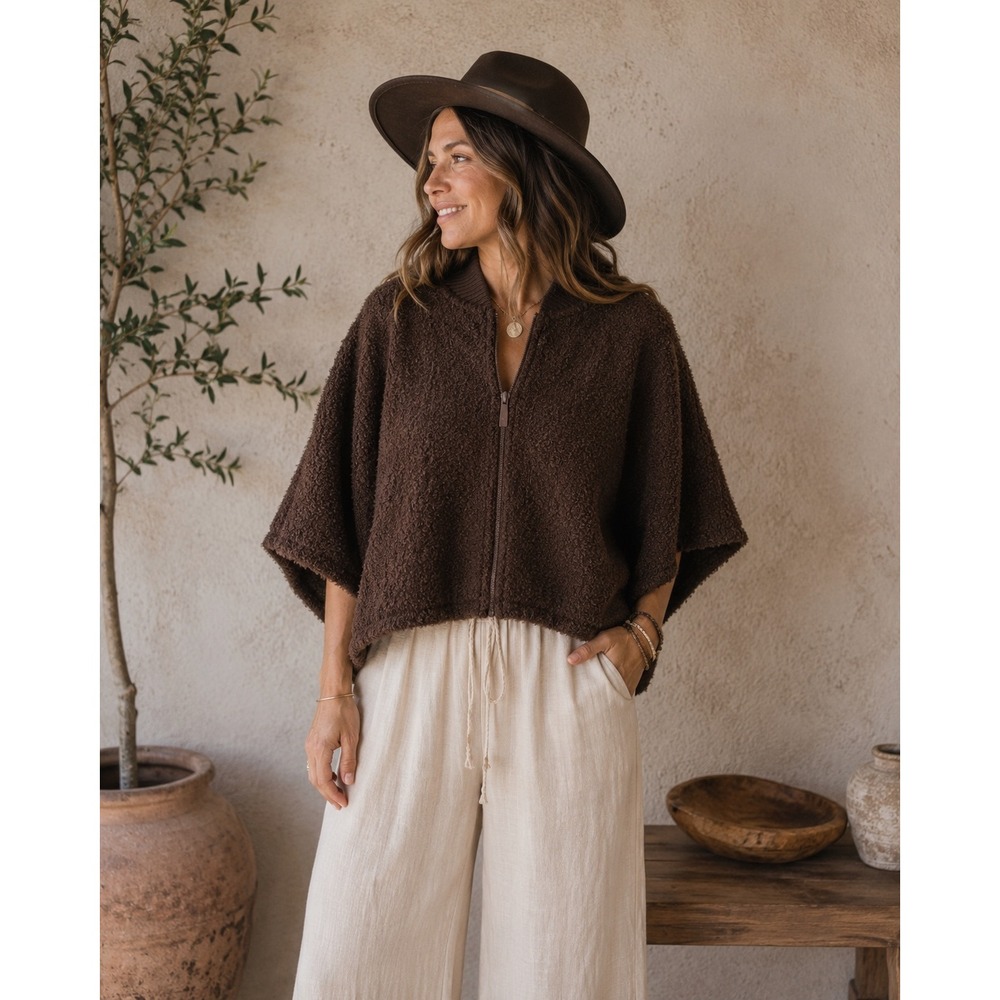 Canada Weathergear Brown Sherpa Fleece Zip Up‎ Poncho Mock Neck Onesize